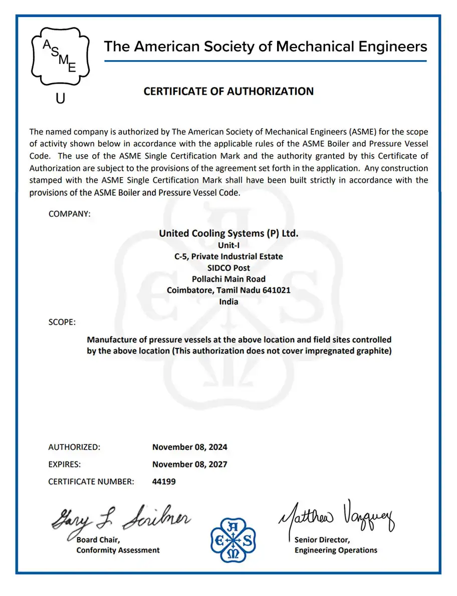 ASME U Stamp Certified Heat Exchangers by United Cooling Systems Pvt. Ltd.