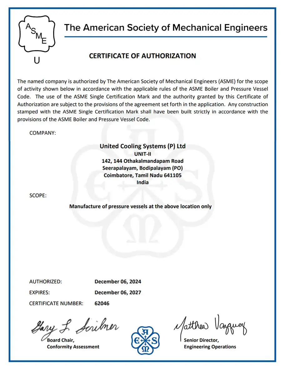ASME U Stamp Approved Heat Exchangers by United Cooling Systems Pvt. Ltd.