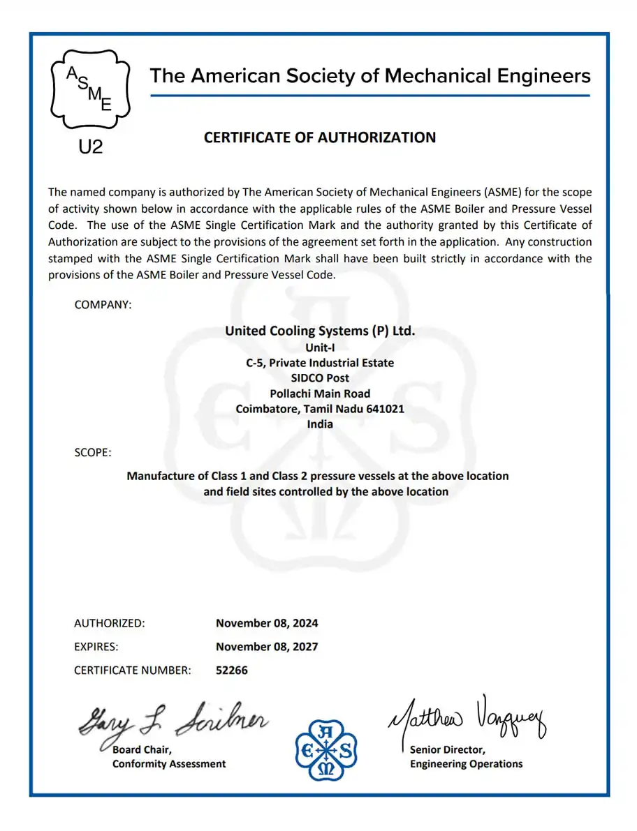 ASME U2 Stamp Certified Pressure Vessels by United Cooling Systems Pvt. Ltd.