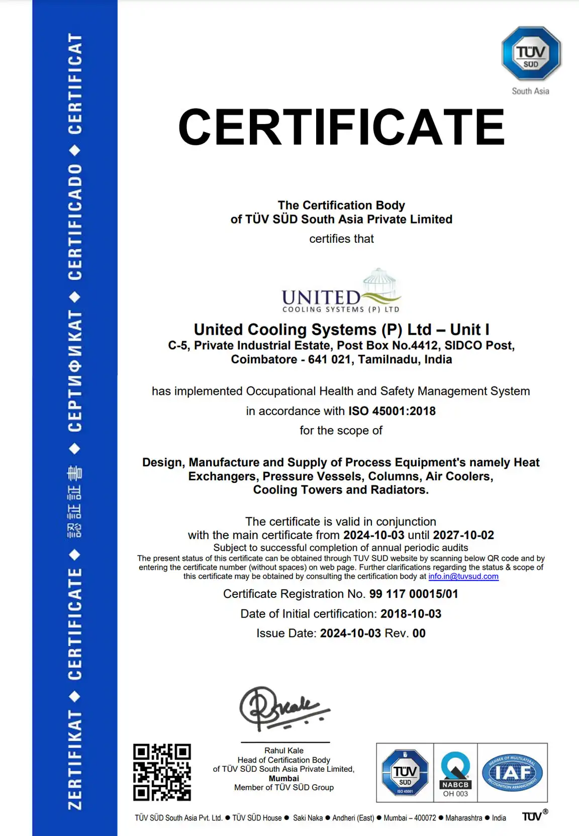 ISO 45001:2018 Occupational Health & Safety Certified – United Cooling Systems Pvt. Ltd.