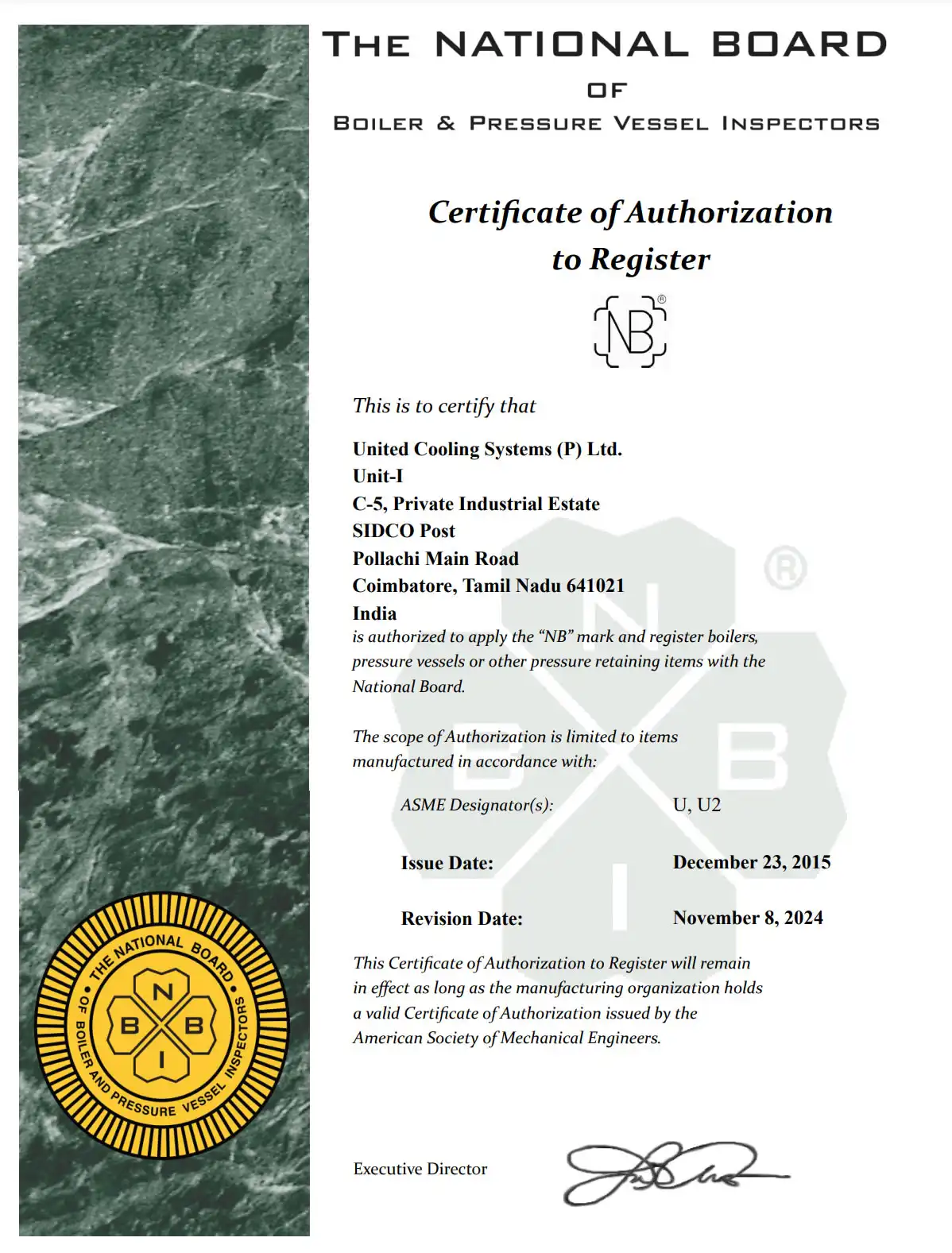NB Certificate – National Board Registered Equipment by United Cooling Systems Pvt. Ltd.