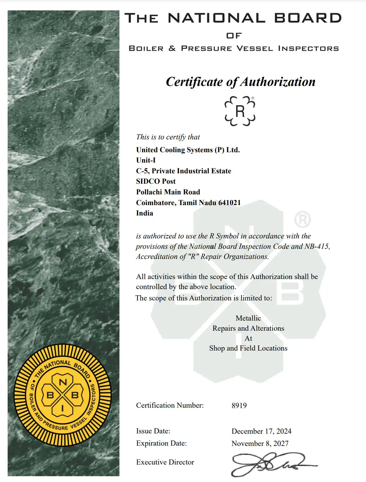 R Certificate of Authorization for Repairs by United Cooling Systems Pvt. Ltd.