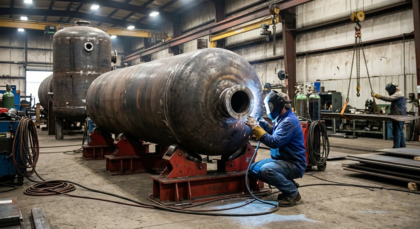 Large carbon steel ASME Section VIII pressure vessel during fabrication in manufacturing shop