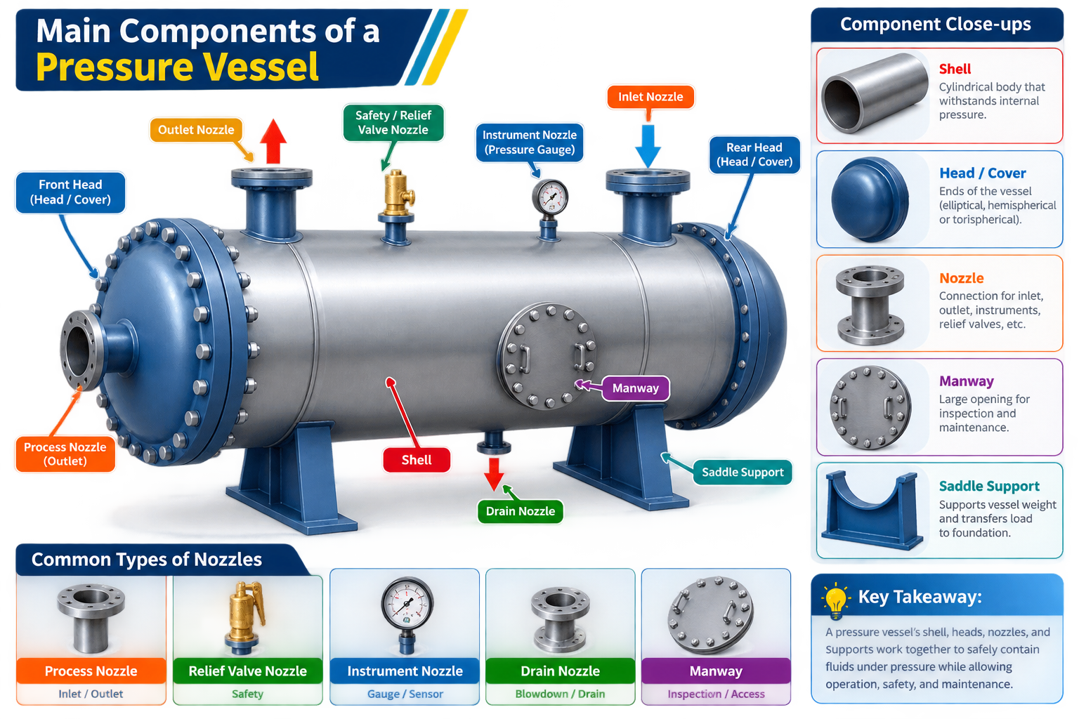 Diagram showing the main components of an industrial pressure vessel including the shell, heads, nozzles, and support structure.