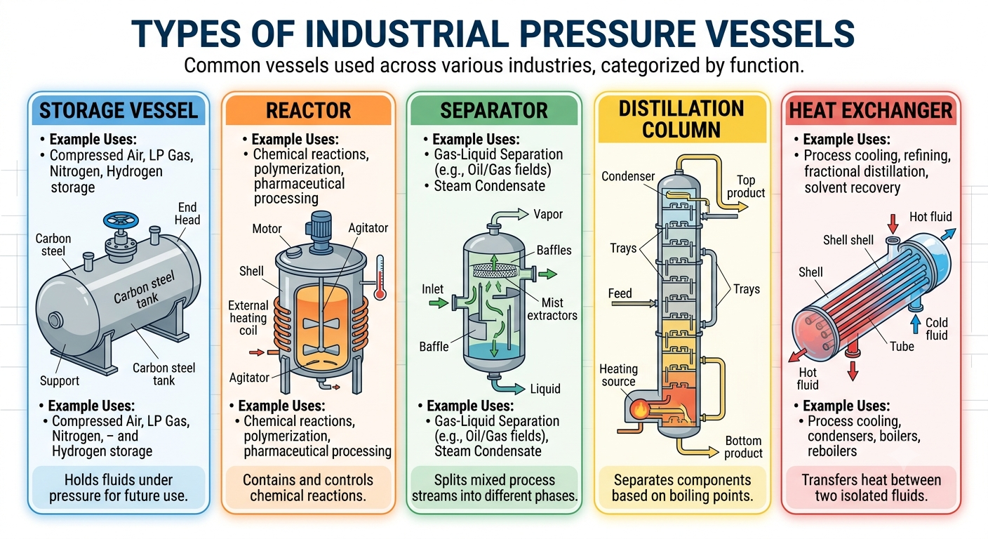 Infographic showing types of industrial pressure vessels categorized by function: storage vessel, chemical reactor, phase separator, distillation column, and shell and tube heat exchanger